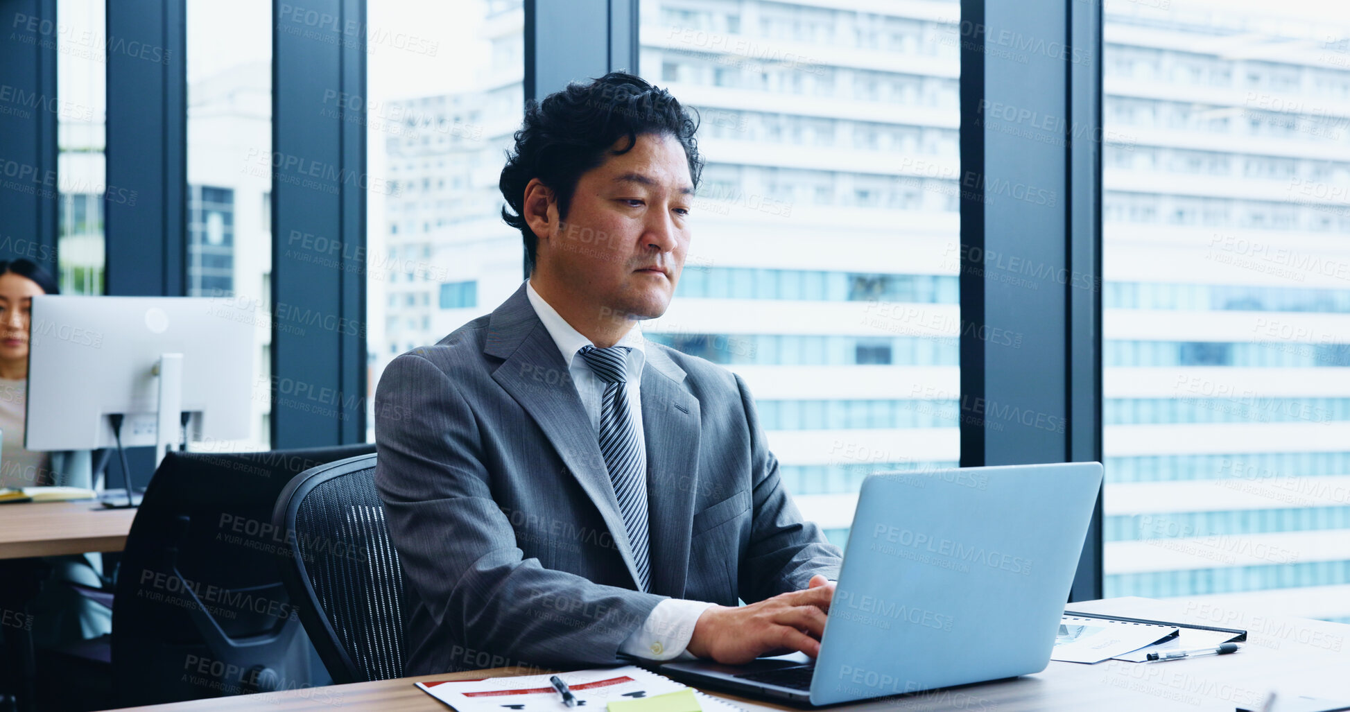 Buy stock photo Japan, business and man with laptop, thinking and internet with stock market, connection and network. Asian person, accountant and employee in office, communication and computer for email and typing