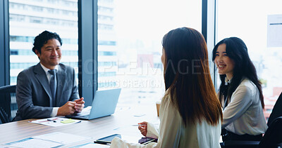 Buy stock photo Laptop, teamwork and business people in meeting, planning and internet with research for stock market. Employees, connection or leader in office, documents or computer with accounting, tech or Japan
