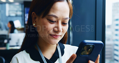 Buy stock photo Japan, business and woman in office, smartphone and internet with stock market, connection and network. Asian person, accountant and employee with cellphone, communication and digital app for email