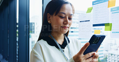 Buy stock photo Japan, business and woman with smartphone, connection and internet with stock market, technology and digital app. Asian person, broker and employee in office, communication and cellphone with network