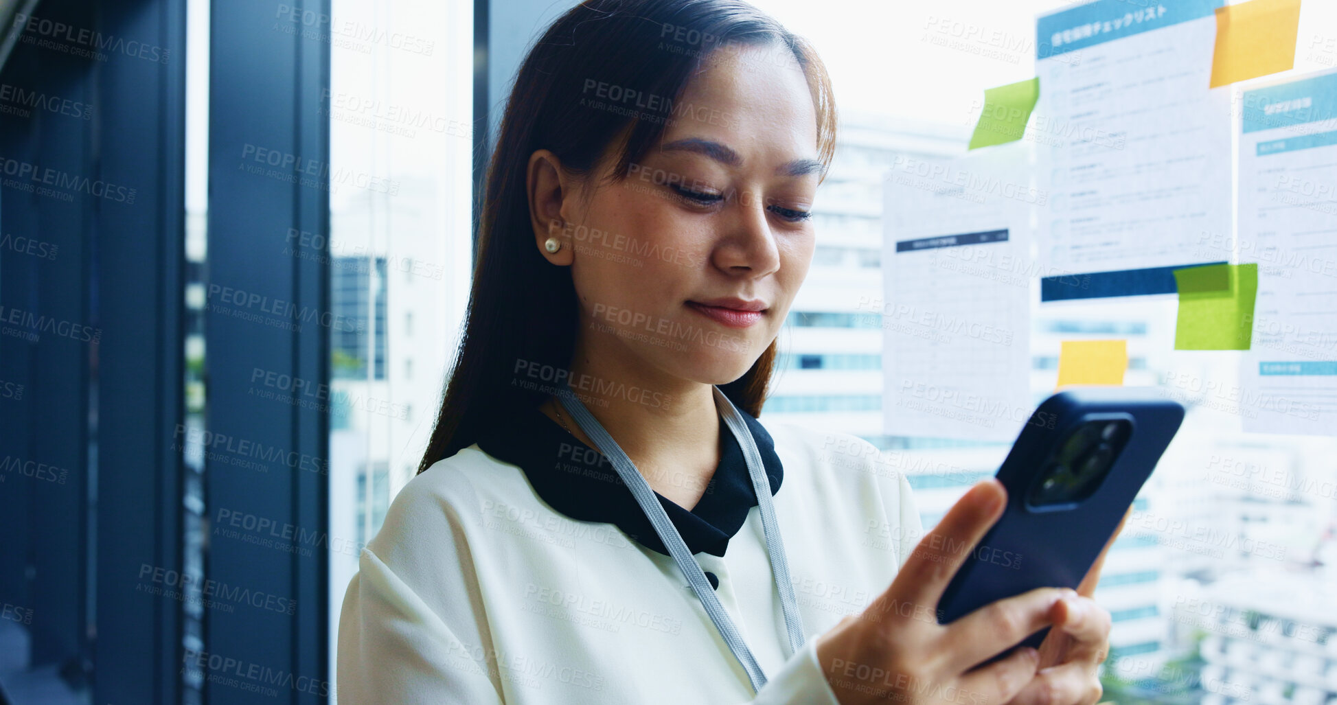 Buy stock photo Japan, business and woman with smartphone, connection and internet with stock market, technology and digital app. Asian person, broker and employee in office, communication and cellphone with network