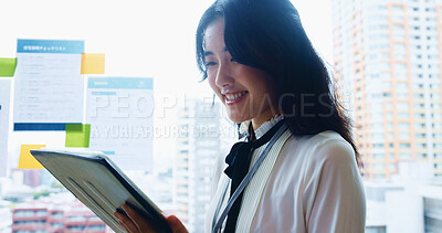 Buy stock photo Japan, business and woman with tablet, smile and internet with stock market, online reading and network. Asian person, accountant and employee in office, communication and digital app with happiness