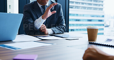 Buy stock photo Businessman, hands and meeting with documents for explanation, proposal or project budget at office. Japan, man and speech with paperwork for corporate planning, finance or business deal at workplace