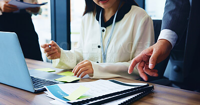 Buy stock photo Business people, hands and documents with laptop in meeting for project, corporate planning or agenda at office. Closeup, Japan or employees with paperwork for company policy or reports at workplace