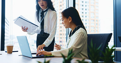Buy stock photo Office, business women and laptop with colleague, team or assistant as executive or professional. Female people, paperwork and technology in collaboration, discussion or company for law firm in Japan