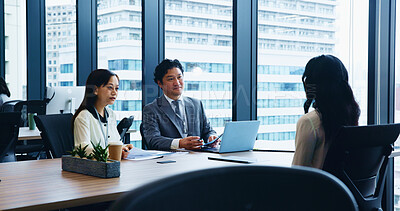 Buy stock photo Laptop, job interview and business people in meeting, planning and internet with research for stock market. Employees, onboarding or leader in office, recruitment or computer with accounting or Japan