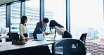 Japanese, business and people bow with handshake for meeting introduction, partnership and recruitment. Staff, welcome and respect for negotiation, investment deal and onboarding opportunity in Japan