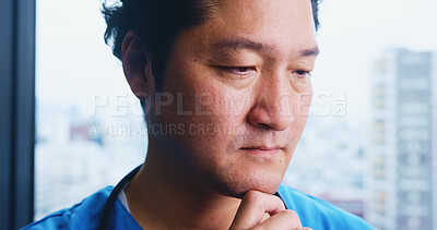 Buy stock photo Japan, thinking and man in hospital, doctor and wellness with solution, ideas and choice. Asian person, employee and medical with professional in clinic, problem solving and healthcare with results