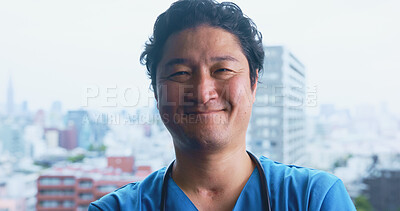 Buy stock photo Asian, happy man and nurse with portrait for healthcare service or medical assistance at hospital in city. Japan, male person or doctor with smile for nursing internship, medicine or career at clinic