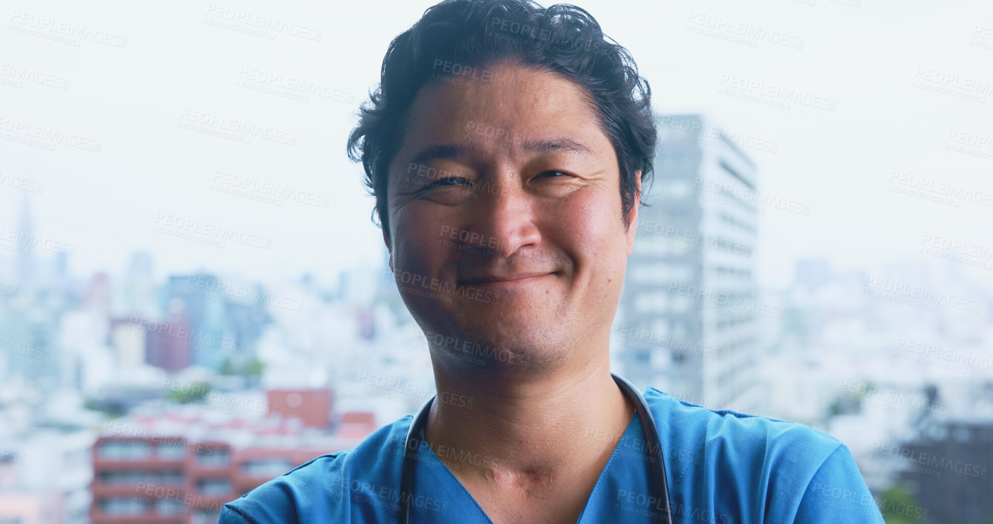 Buy stock photo Asian, happy man and nurse with portrait for healthcare service or medical assistance at hospital in city. Japan, male person or doctor with smile for nursing internship, medicine or career at clinic