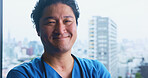 Happy, asian man and nurse with portrait for healthcare service or medical assistance at hospital in city. Japan, male person or doctor with smile for nursing internship, medicine or career at clinic