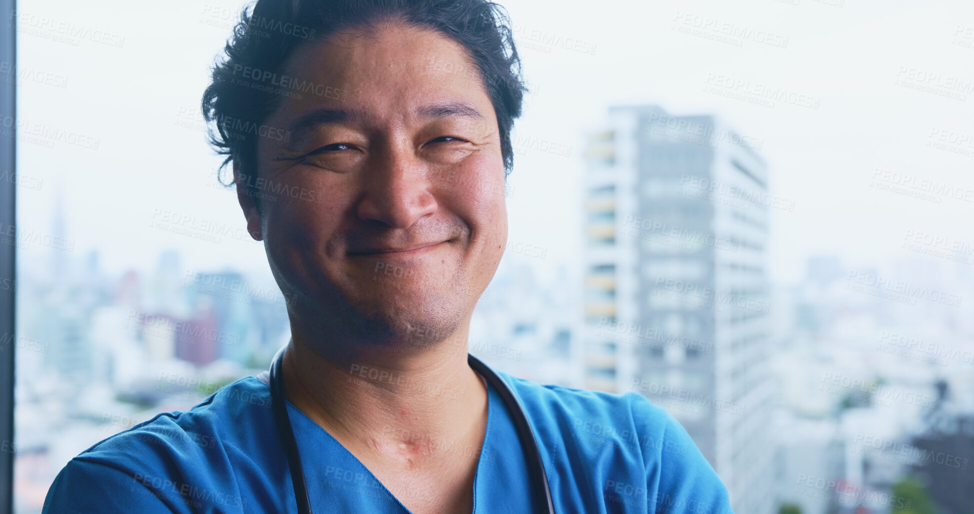 Buy stock photo Happy, asian man and nurse with portrait for healthcare service or medical assistance at hospital in city. Japan, male person or doctor with smile for nursing internship, medicine or career at clinic