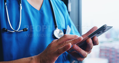 Buy stock photo Person, hands and nurse with phone for medical research, communication or telehealth at hospital in city. Closeup, japan or doctor with mobile smartphone for online browsing or health app at clinic