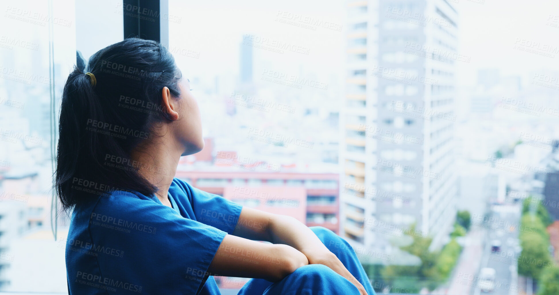 Buy stock photo Thinking, window and nurse in hospital sad for crisis, surgery fail and mistake. Healthcare, Japan clinic and Asian woman with worry, depressed and upset for burnout, patient loss and medical risk