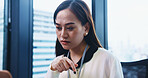 Japanese, business woman and office with thinking, planning and decision for human resources. Female person, ideas and problem solving in company for performance review, feedback and administration