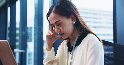 Buy stock photo Fatigue, headache and businesswoman at law office with burnout, stress or exhaustion for deadline. Tired, migraine and Japanese female attorney with mistake, fail or crisis in legal case at workplace