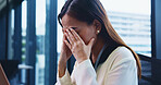 Stress, mistake and businesswoman in office with burnout, fatigue or exhaustion for deadline. Tired, headache and Japanese female lawyer with stress, fail or crisis in legal case at workplace.