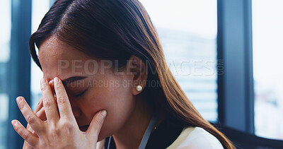 Buy stock photo Tired, headache and businesswoman in office with burnout, fatigue or exhaustion for deadline. Stress, migraine and Japanese female lawyer with mistake, fail or crisis in legal case at workplace.