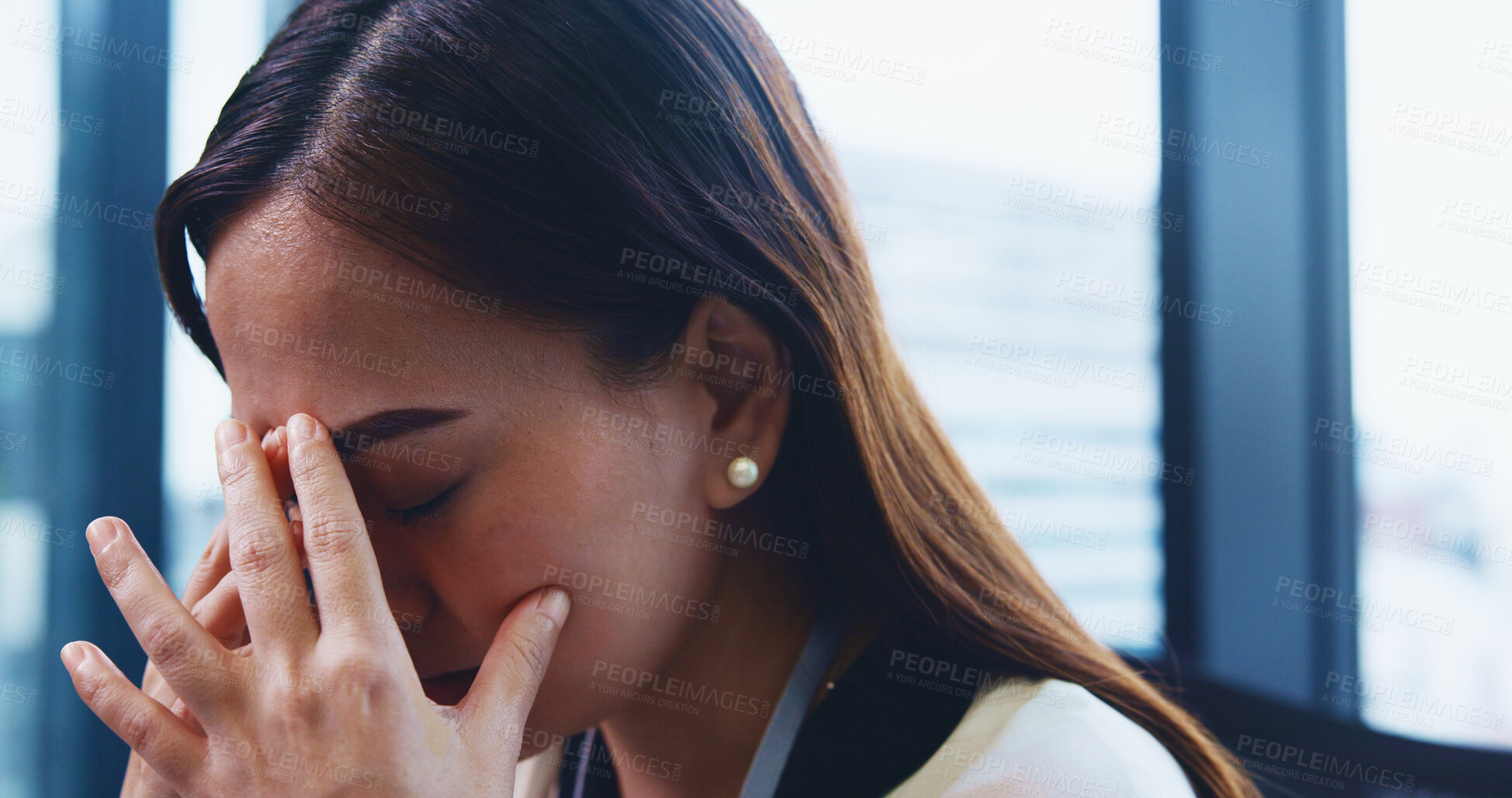 Buy stock photo Tired, headache and businesswoman in office with burnout, fatigue or exhaustion for deadline. Stress, migraine and Japanese female lawyer with mistake, fail or crisis in legal case at workplace.