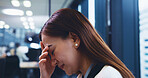 Exhausted, headache and businesswoman in office with burnout, fatigue or stress for deadline. Tired, migraine and Japanese female lawyer with mistake, fail or crisis in legal case at workplace.