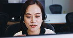 Call center, headset and Japanese woman in agency for customer service, technical support or advice. Female person, microphone and telecommunication with consulting, talking or feedback for help desk