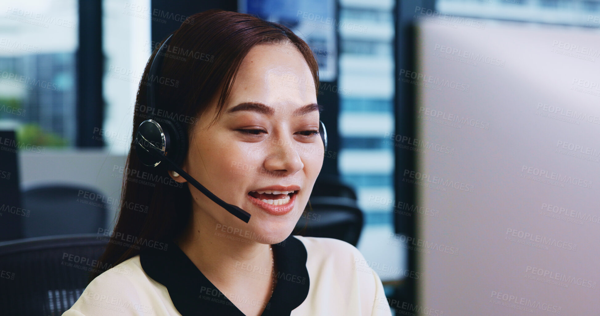 Buy stock photo Customer service, headset and Japanese woman in agency for call center, technical support or advice. Female person, microphone and telecommunication with consulting, talking or feedback for help desk