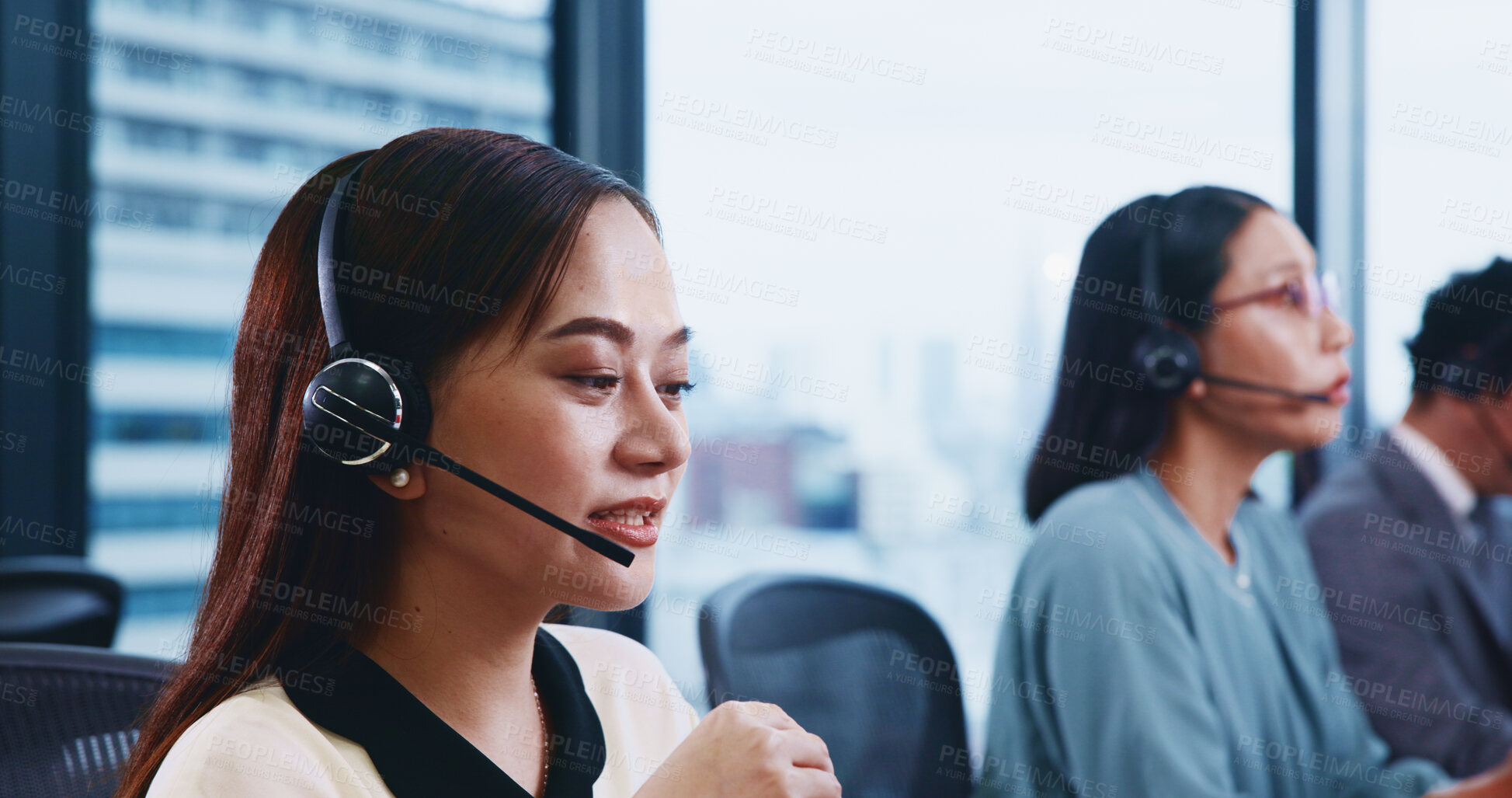 Buy stock photo Call center, headset and Japanese woman for customer service, technical support and advice in agency. Female person, coworking and consulting as virtual assistant, talking and feedback for help desk