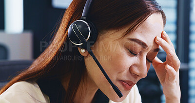 Buy stock photo Call center, headache and woman with pain, stress or sick Japanese agent with overwork. Migraine, telemarketing and customer service consultant with burnout, tired and fatigue or exhausted in office