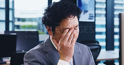 Buy stock photo Man, stress and budget mistake in office, accountant and economy crisis for stock exchange in Japan. Male person, frustrated and financial disaster in workplace, bankrupt and exhausted professional