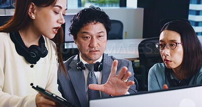 Buy stock photo Computer, teamwork and business people in meeting, planning and internet with research for trading. Finance, coworking and employees in office, investment and pc with accounting, technology or Japan