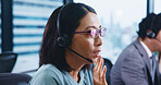 Customer service, headset and Japanese woman for technical support, call center or advice in agency. Female person, microphone and telemarketing with consulting, coworking and feedback for help desk