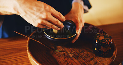 Buy stock photo Man, tradition and tea ceremony in Japan for relax, culture and matcha in home with preparation. Male person, ritual and bowl for mindfulness, zen and buddhism with spiritual, respect and harmony