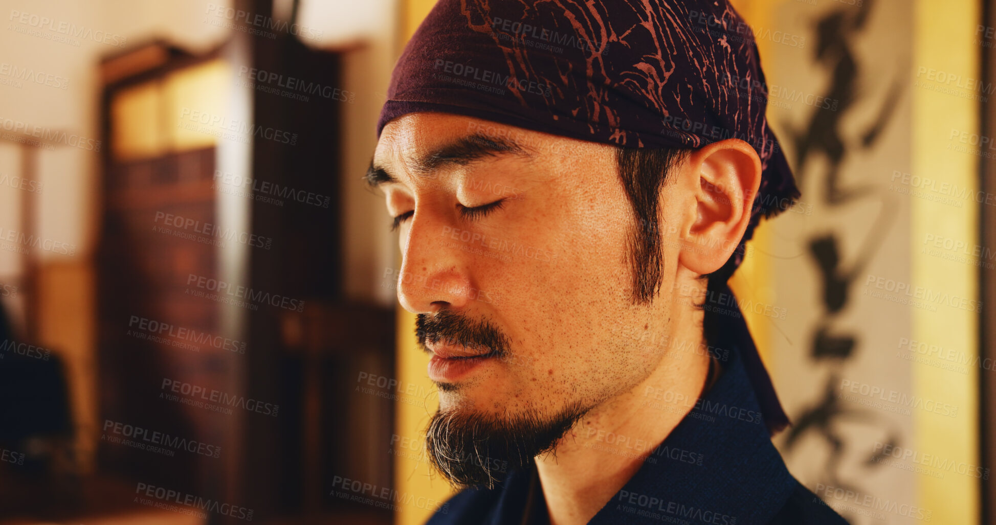 Buy stock photo Thinking, meditation and Japanese man in dojo for spirituality, bushido practice or routine. Martial arts sensei, monk and eyes closed for inner peace, tradition and samurai culture for discipline