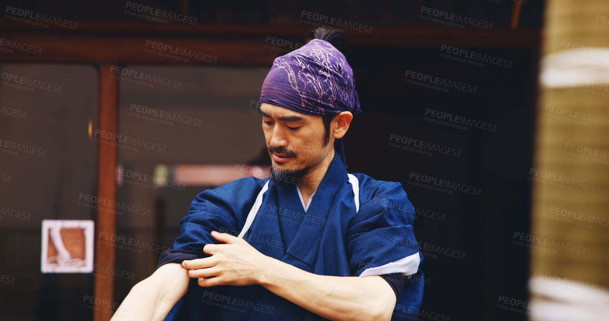 Buy stock photo Japanese, man and sensei ready for fight with martial arts preparation, fitness training and culture challenge. Master, karate and exercise of taekwondo battle, workout practice and creative in Japan