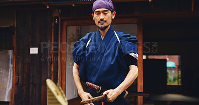 Buy stock photo Japanese samurai, man and sword for martial arts in kendogi for self defense, combat or protection in battle. Sensei, person and weapon in sheath for routine practice, cultural discipline or kenjutsu