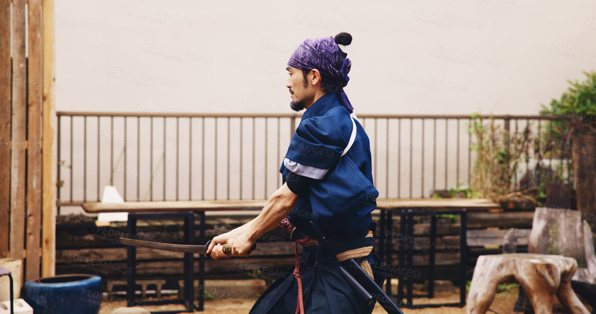 Buy stock photo Culture, dojo and sword with Samurai man in Japan for combat, martial arts or training, Fighting, Kenjutsu and weapon with Japanese person in kendogi for discipline, exercise or practice routine