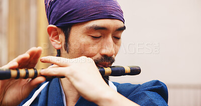 Buy stock photo Japanese man, flute and music for culture, performance and zen sound for Shinto meditation. Sensei person, bamboo and fue instrument for tradition, practice and spiritual heritage with shinobue