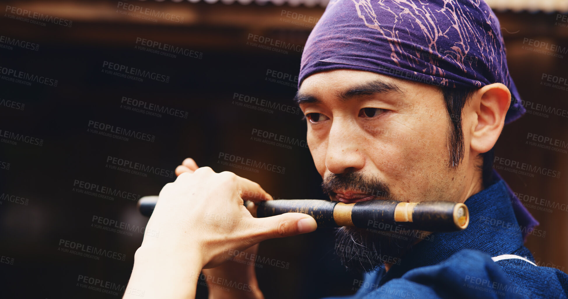 Buy stock photo Japanese man, flute and music for tradition, performance and zen sound for Shinto meditation. Sensei person, bamboo and fue instrument for practice, culture and spiritual heritage with Ryeteki