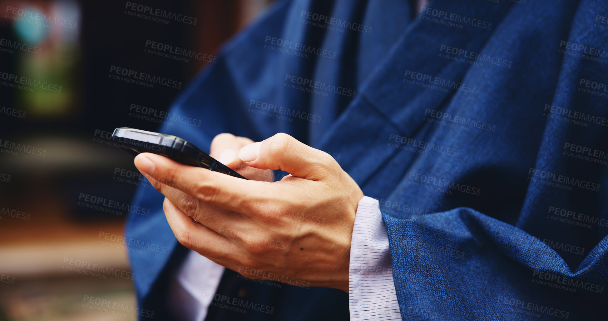 Buy stock photo Japan, hands and man with smartphone, typing and internet with connection, social media and chatting. Person, kimono and guy with cellphone, mobile user and message to contact, texting and network