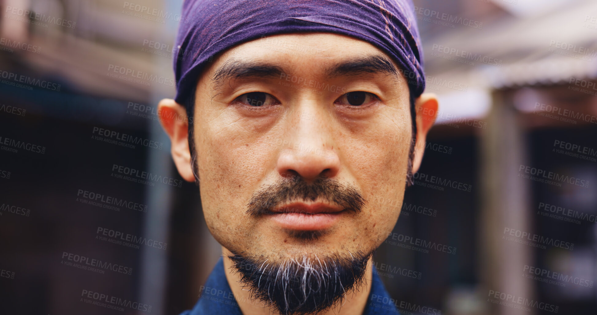 Buy stock photo Japanese sensei, martial arts and portrait of man with confidence, serious and determination. Asian person, face and warrior at dojo for jujutsu training, culture and master of traditional sports