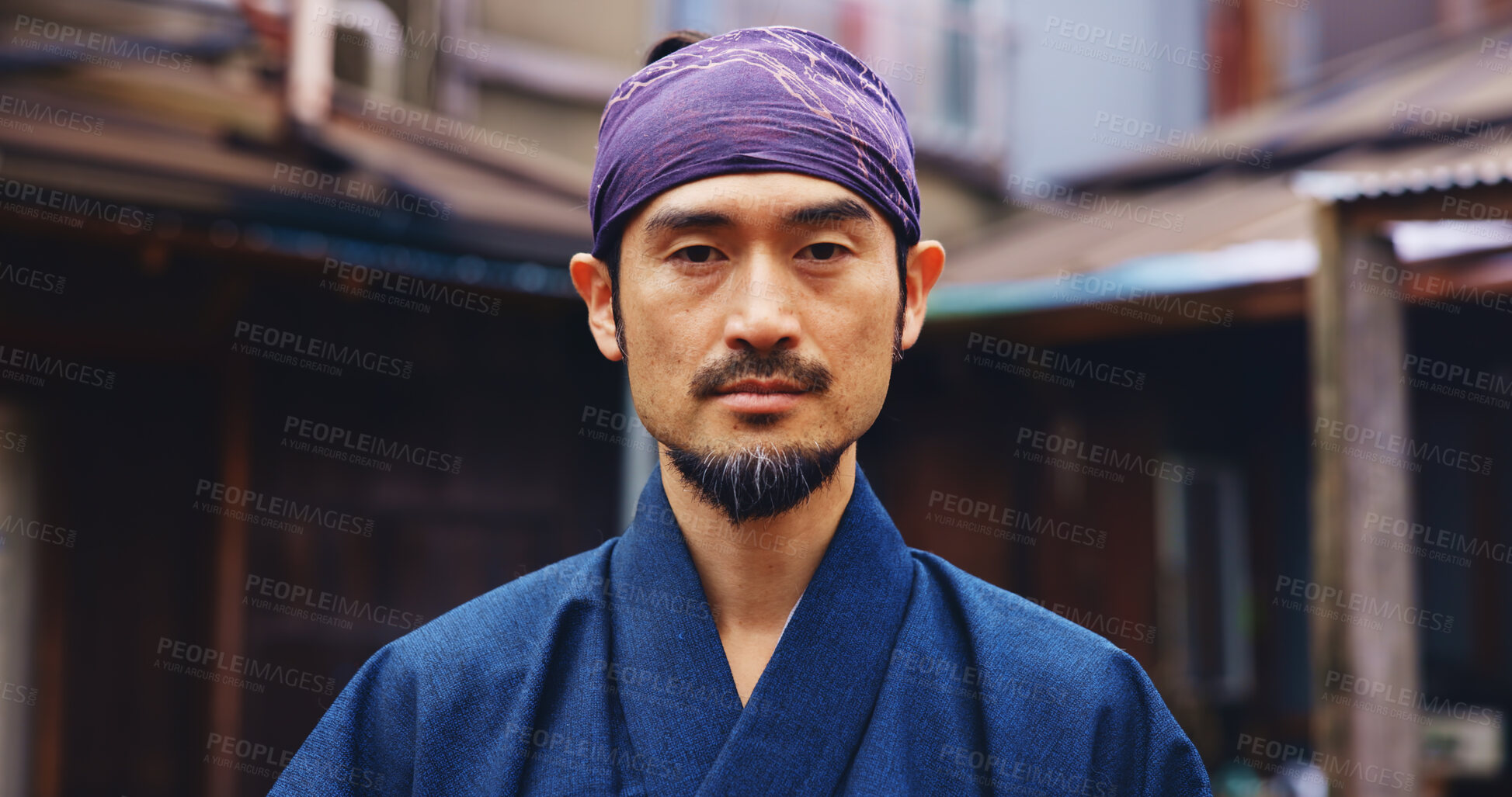 Buy stock photo Japanese master, martial arts and portrait of man with confidence, serious and determination. Asian person, face and warrior at dojo for jujutsu training, culture and sensei of traditional sports