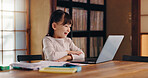 Elearning, video call and child with laptop, education and girl with scholarship, listening and smile. Home, happy and online class for kid, studying and youth with tech, communication and Japan