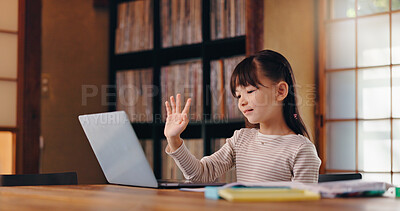 Buy stock photo Wave, video call and child with laptop, education and girl with scholarship, elearning and listening. Home, greeting and online class for kid, virtual and youth with tech, communication and Japan