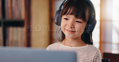 Buy stock photo Elearning, video call and child with laptop, headphones and education for girl, listening and smile. Home, happy and online class for kid, studying and scholarship for youth, communication and Japan