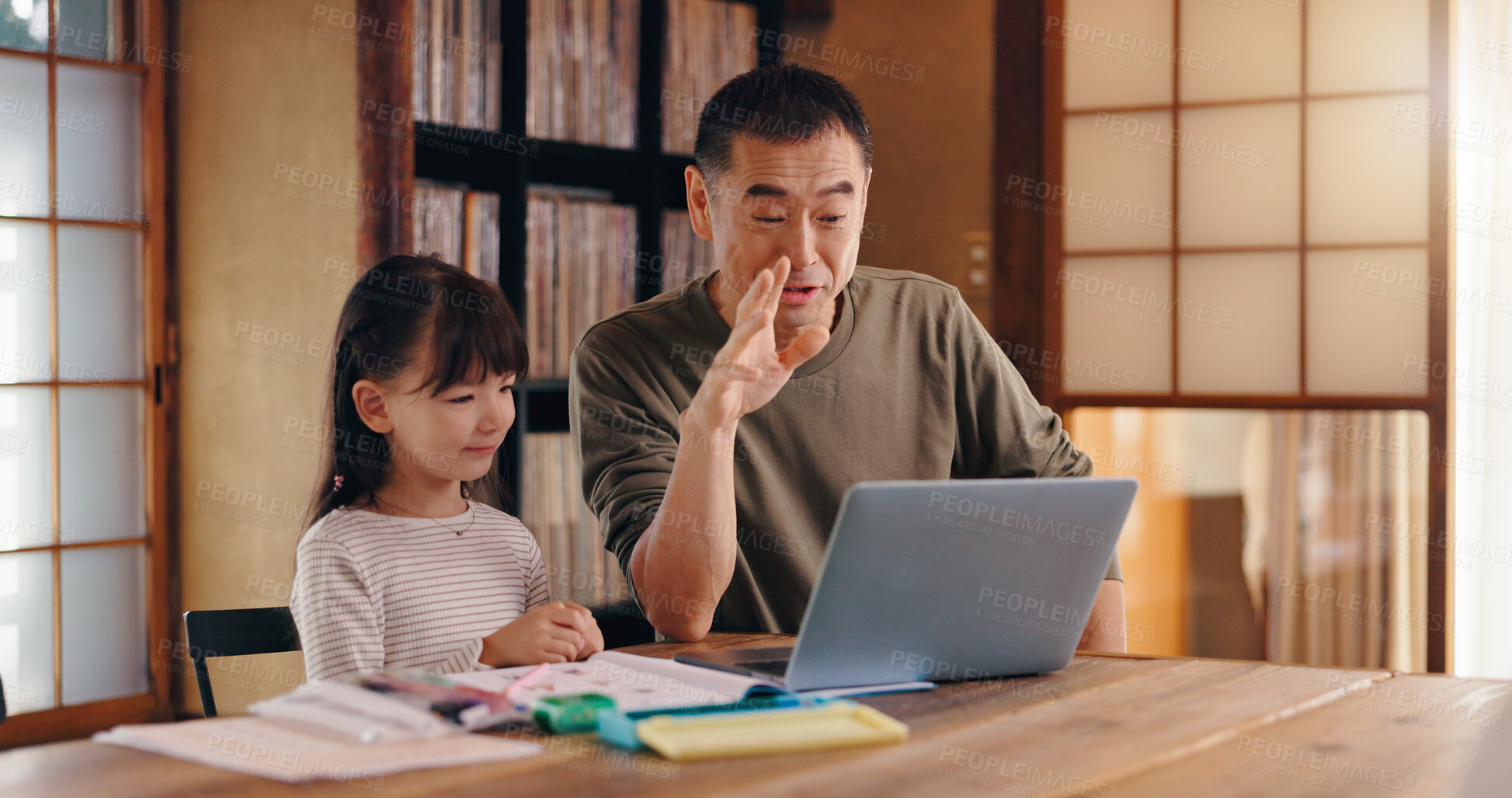 Buy stock photo Asian father, daughter or laptop with video call for online learning, language tutoring or teaching at home. Japan, dad and child with computer for virtual classroom, lesson or homeschooling at house