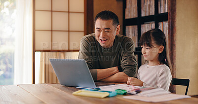 Buy stock photo Asian father, daughter or laptop with video call for elearning, language tutoring or teaching at home. Japan, dad or child with computer for virtual classroom, online lesson or homeschooling at house