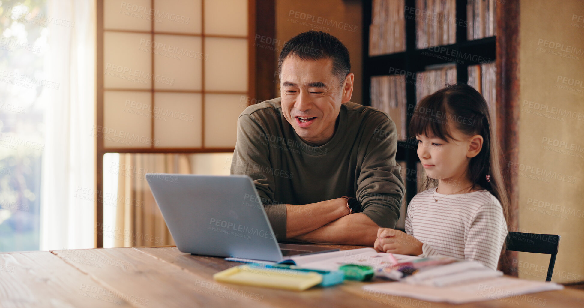 Buy stock photo Asian father, daughter or laptop with video call for elearning, language tutoring or teaching at home. Japan, dad or child with computer for virtual classroom, online lesson or homeschooling at house