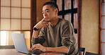 Laptop, writer or Asian man in home office thinking of remote work, research or website. Online, mature author or creative freelancer typing for campaign, writing ideas and publishing review in Japan