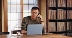 Phone call, online and Asian man with laptop, home office and communication with client and copy editor. House, freelancer and discussion with contact for proofreading, creative and serious in Japan