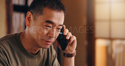 Buy stock photo Japanese, man and home with phone call for communication, listening and banking service for account. House, mature person or assistance with mobile conversation for financial enquire, invest or smile